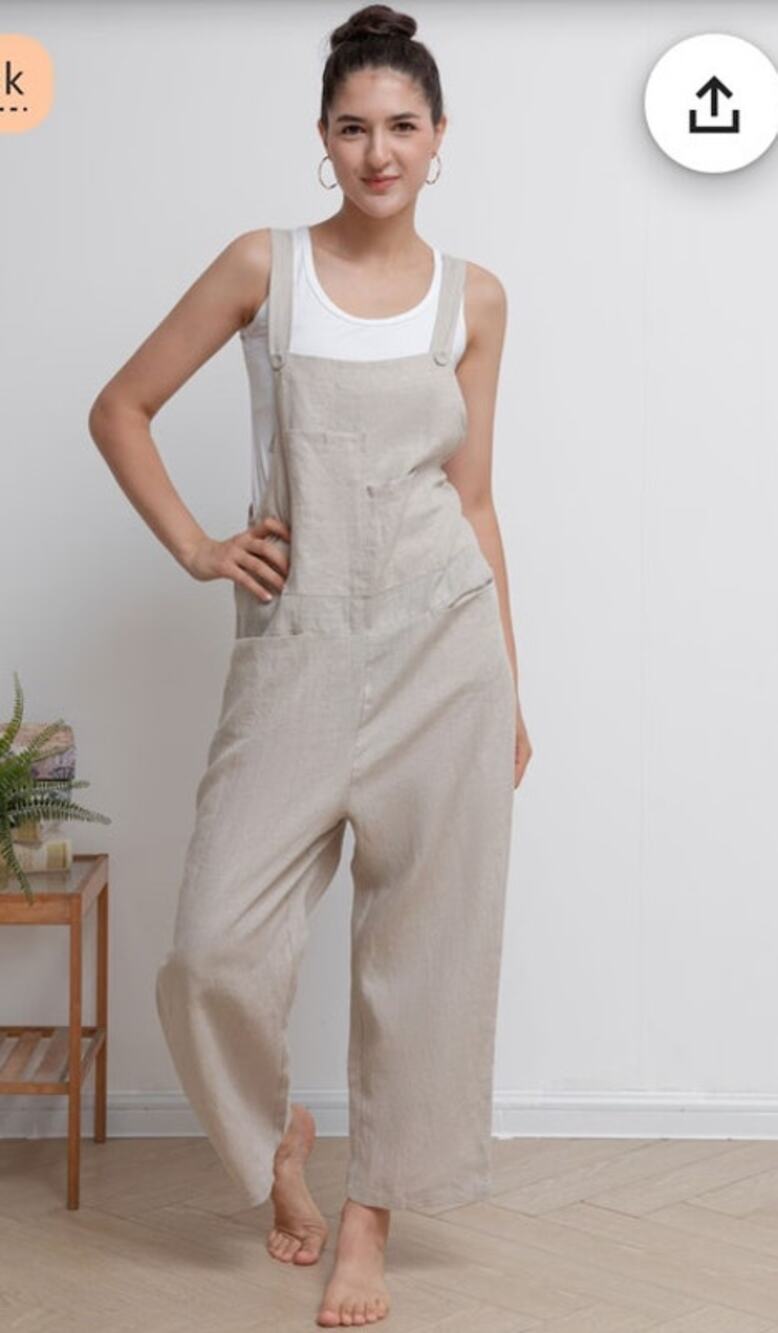 Artsy Hunter & Brown Boho Chic Linen Blend Overalls Natural Oatmeal M
